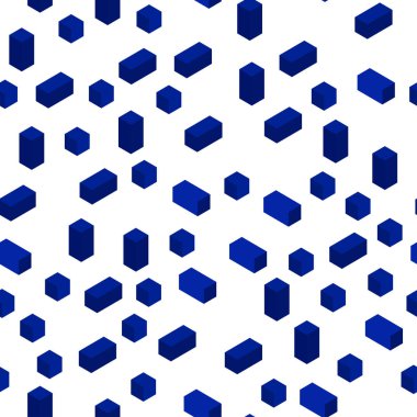 Koyu mavi vektörlü, dikdörtgenli, izometrik arka plan. Soyut stil ve dikdörtgenlerle dekoratif tasarım. Moda kumaş ve duvar kağıtları için desen.