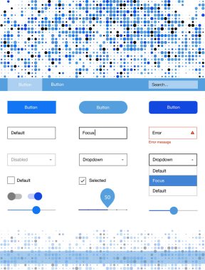 Hafif mavi vektör tasarım UI kiti noktalı. Basit malzeme tasarım kiti üstbilgisindeki renkli noktalar ile. Bu örnek için sitesidir.