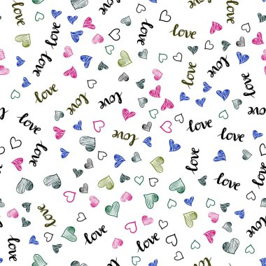 Koyu pembe, yeşil ifade Love You, kalpleri ile Dikişsiz desen vektör. Aşk, kalpleri soyut tarzda Illustration kelimelerle. Tasarım için duvar kağıdı, kumaş üreticileri.