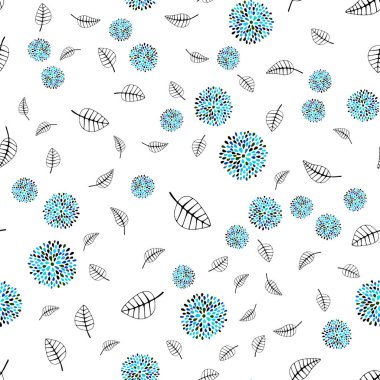 Açık mavi, yeşil vektör sorunsuz arka plan yapraklar, çiçekler. Yaprak ve çiçek ile zarif bir parlak örnek. Duvar kağıdı, kumaş üreticileri için modaya uygun bir tasarım.