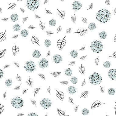 Açık mavi, vektör sorunsuz doodle zemin yaprakları, çiçekleri ile yeşil. Yaprakları doodle tarzı ile renkli soyut resimde. Desen tasarım pencere panjur, perdeler.