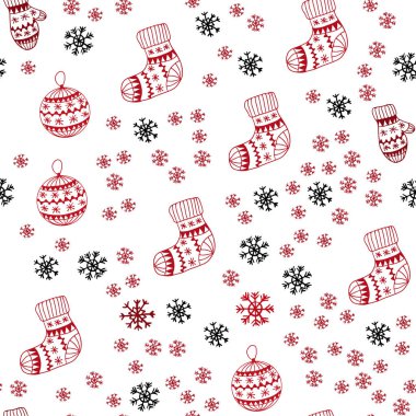 Xmas kar taneleri, toplar, çorap, eldiven ile kırmızı vektör sorunsuz arka ışık. Modern geometrik soyut resim. Tasarım için duvar kağıdı, kumaş üreticileri.