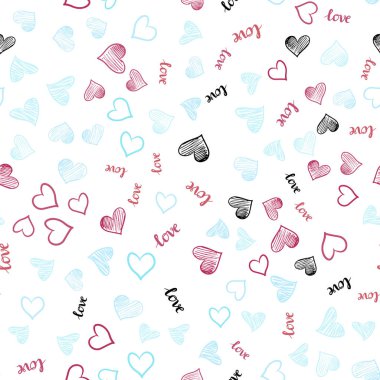 Açık mavi, kırmızı vektör sorunsuz arka plan ile sözler, kupa. Romantik illüstrasyon renkli ifade Love You, kalpleri ile. Desen için modaya uygun Kumaş, duvar kağıtları.