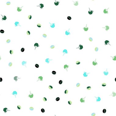 Açık mavi, yeşil vektör sorunsuz doku ile kahve çekirdekleri, yokmu. Degrade illüstrasyon kümesiyle kupalar, fasulye. Tasarım reklam, poster, afiş, kafeterya, restoranlar için.