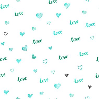 Kelime Love You, kalpleri ile yeşil vektör sorunsuz doku ışık. Aşk, kalpleri soyut tarzda Illustration kelimelerle. Desen için modaya uygun Kumaş, duvar kağıtları.