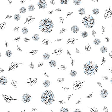 Açık mavi, vektör yaprak, çiçek ile sorunsuz zemin sarı. İllüstrasyon soyut şablonundaki karalamalar ile. Desen tasarım pencere panjur, perdeler.