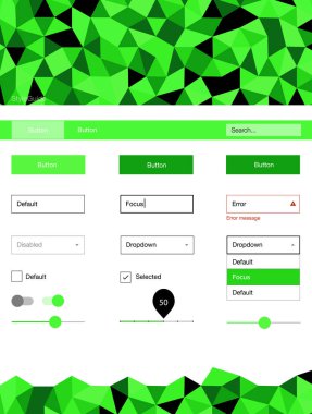 Işık yeşil vektör UI ux kiti üçgen tarzı. Web Kullanıcı arabirimi kiti ile onun üstbilgisindeki soyut degrade üçgenler. Web siteleri, açılış sayfaları için güzel düzeni.