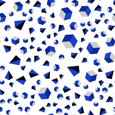 Koyu mavi küpleri ile poligonal tarzı ile kesintisiz, izometrik desen vektör. Dekoratif tasarım çizgileri, küpleri ile soyut tarzda. Doku pencere panjur, perdeler için.