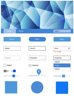 Hafif mavi vektör UI ux kiti üçgen tarzı. Arka plan üzerinde renkli stil rehberi üçgenler ile. Web siteleri, açılış sayfaları için güzel düzeni.