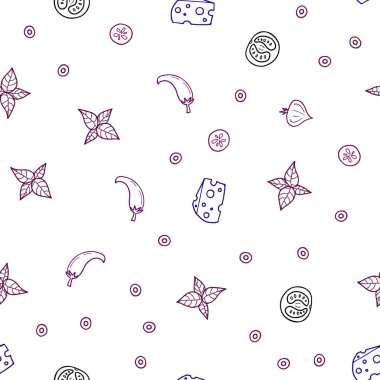 Koyu pembe, mavi organik yemek ile sorunsuz şablon vektör. Gıda doodle tarzı ile güzel renkli resimde. Reklam, kitapçıklar, broşürler restoranlar için desen.