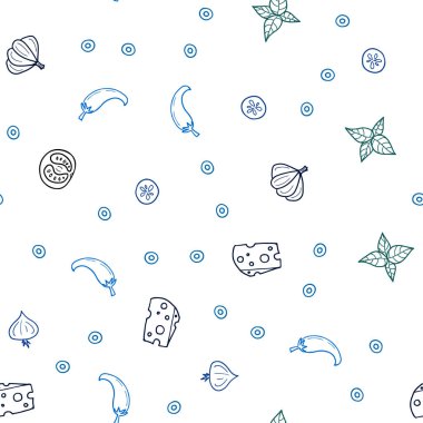 Koyu mavi, Yeşil taze malzemelerle Dikişsiz desen vektör. Dekoratif illüstrasyon gıda ile soyut şablonunda parlayan. Kafe işletme reklamınız için tasarım doodle.