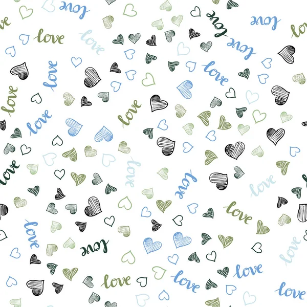 浅蓝色 绿色矢量无缝背景与爱的话语 五颜六色的渐变短语爱你 心在抽象的风格 面料制造商的设计 — 图库矢量图片