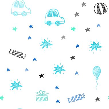 Açık mavi, vektör sorunsuz şablon karnaval tarzı yeşil. İllüstrasyon renkli oyuncak araba, balon, şeker, yıldız, top ile. Şablon için yeni yıl kartpostalları.