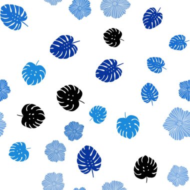 Hafif mavi vektör sorunsuz doodle zemin çiçekler, yapraklar ile. Bulanık stil yaprakları, çiçekleri ile yaratıcı çizimde. Desen tasarım kumaş, duvar kağıtları.