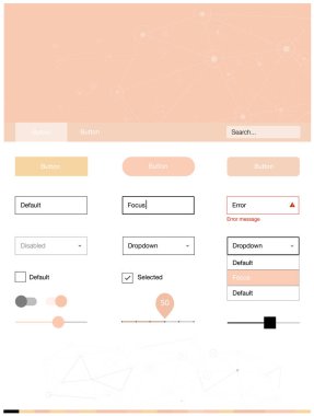 Işık turuncu vektör web UI kiti poligonal tarzı daireler ile. Web Kullanıcı arabirimi kiti ile soyut üçgenler, başlığını çevrelerde. Web siteleri için basit renkli tasarım.