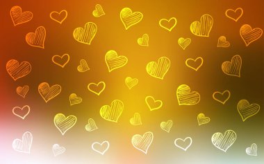 Açık yeşil, sarı vektör desenli, renkli kalpli. Soyut şablondaki kalplerle dekoratif, parlak bir illüstrasyon. Sevgililer Günü kartpostalları için şablon.