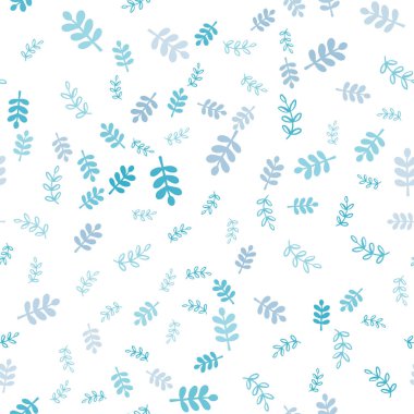 Açık mavi, yeşil yapraklar, dallar vektör sorunsuz zarif desenle. Parlayan illüstrasyon yaprakları ve dalları ile renkli. Desen tasarım kumaş, duvar kağıtları.