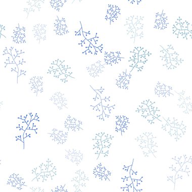 Hafif mavi vektör sorunsuz doodle şablonu dalları ile. Renkli resimde doodle tarzı yapraklar, dallar ile. Doku pencere panjur, perdeler için.