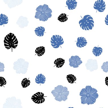 Hafif mavi vektör çiçekler, yapraklar ile seamless zarif modeli. Renkli resimde doodle tarzı yaprakları, çiçekleri ile. Doku pencere panjur, perdeler için.