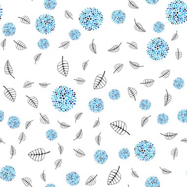 Yapraklar, çiçekler ile mavi vektör sorunsuz doodle arka ışık. Yaprak ve çiçek ile yeni renkli resimde. Duvar kağıdı, kumaş üreticileri için modaya uygun bir tasarım.