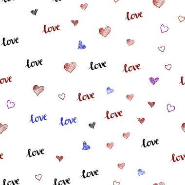 Açık mavi, kırmızı vektör seamless modeli ifade Love You ile kalpleri. Metin Love You, kalpleri ile doodle tarzında dizayn. Doku pencere panjur, perdeler için.
