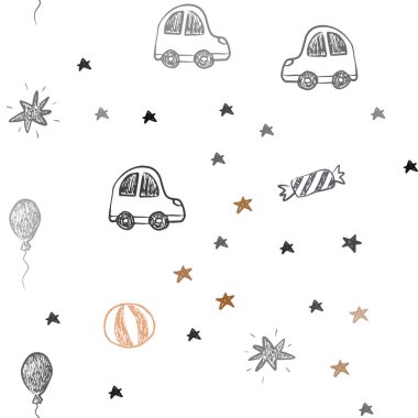 Koyu turuncu vektör Noel tarzı seamless modeli. Renkli resimde bir oyuncak araba, balon, şeker, yıldız, top ile. Tatil reklamlar için tasarım.