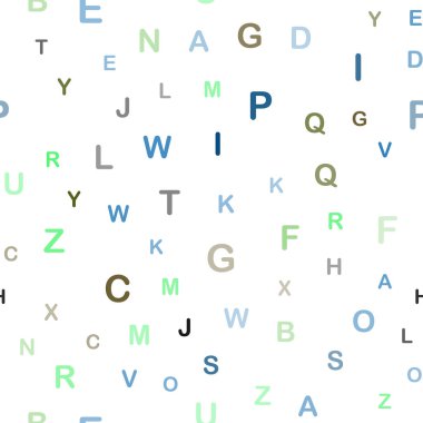 Açık mavi, yeşil vektör sorunsuz doku Abc karakterlerle. Beyaz arka plan üzerinde gradyan ile renkli alfabetik işaretler. Doku pencere panjur, perdeler için.