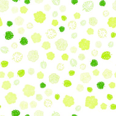 Açık yeşil, vektör sorunsuz doodle zemin yaprakları, çiçekleri ile sarı. Yaprak ve çiçek Origami tarzı Doodle Illustration. Tekstil, kumaş, duvar kağıtları için tasarım.