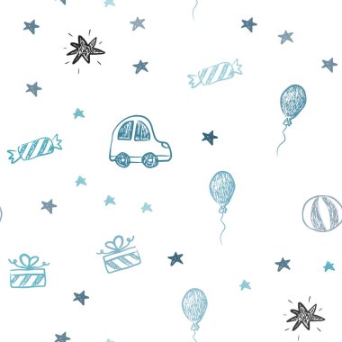 Hafif mavi vektör yeni yıl stil sorunsuz düzende. Bir oyuncak araba, balon, şeker, yıldız, top ile xmas tarzında dizayn. Doğum günü hediyeleri için desen.