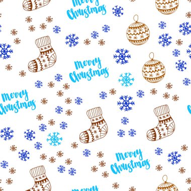 Açık mavi, vektör Noel kar taneleri, toplar, çorap, eldiven ile seamless modeli sarı. Renkli resimde xmas sembolleri ile. Doku pencere panjur, perdeler için.