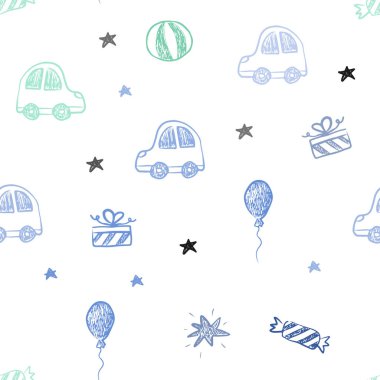 Açık mavi, vektör sorunsuz zemin tatil tarzı yeşil. Renkli resimde bir oyuncak araba, balon, şeker, yıldız, top ile. Karnaval, festival reklamlar için desen.