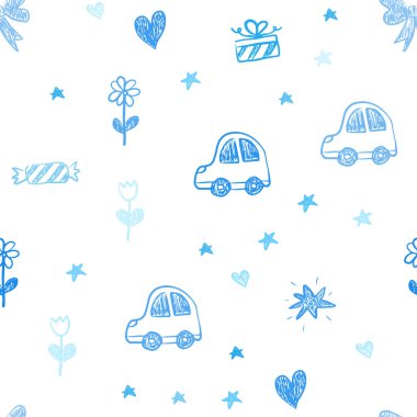 Hafif mavi vektör yeni yıl hediyeleri ile sorunsuz düzeni. Resimde bir degrade oyuncak araba, kalp, balon, lale, şeker, top ile. Şablon için yeni yıl kartpostalları.