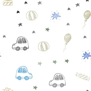 Açık mavi, Noel tarzı Dikişsiz desen vektör yeşil. Resimde bir degrade oyuncak araba, balon, şeker, yıldız, top ile. Şablon için yeni yıl kartpostalları.