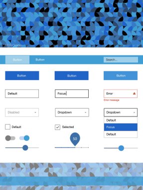 Hafif mavi vektör tasarım UI kiti noktalı. Basit malzeme tasarım kiti üstbilgisindeki renkli noktalar ile. Açılış sayfanız için modern şablon.