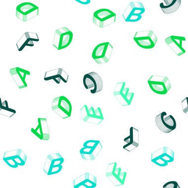 Işık yeşil vektör 3d Abc sembolleri ile seamless modeli. Alfabe belirtileri ile 3d tarzı renkli gradyan teması. Doku pencere panjur, perdeler için.