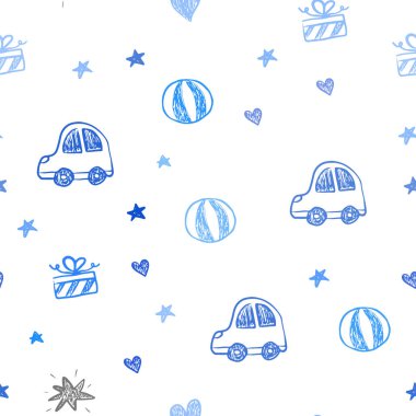 Hafif mavi vektör yeni yıl hediyeleri ile sorunsuz düzeni. Bir oyuncak araba, kalp, balon, lale, şeker, top ile xmas tarzında dizayn. Yeni yıl reklamlar için desen.