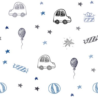 Koyu mavi tatil tarzı sorunsuz zemin vektör. İllüstrasyon renkli oyuncak araba, balon, şeker, yıldız, top ile. Tasarım renkli reklam için.