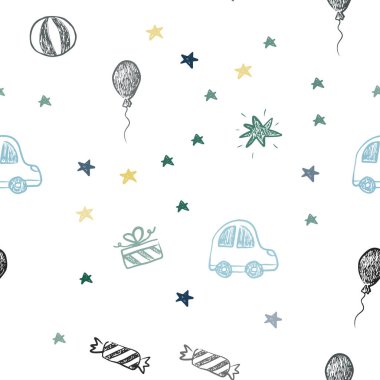 Açık mavi, kırmızı vektör xmas tarzı sorunsuz arka plan. Renkli resimde bir oyuncak araba, balon, şeker, yıldız, top ile. Doğum günü hediyeleri için desen.