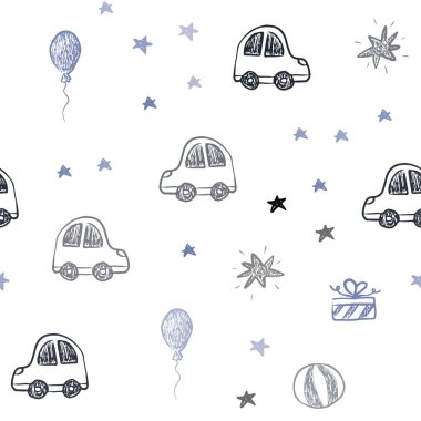 Hafif mavi vektör sorunsuz arka plan xmas tarzı. Soyut illüstrasyon bir oyuncak araba, balon, şeker, yıldız, top ile. Tatil reklamlar için tasarım.