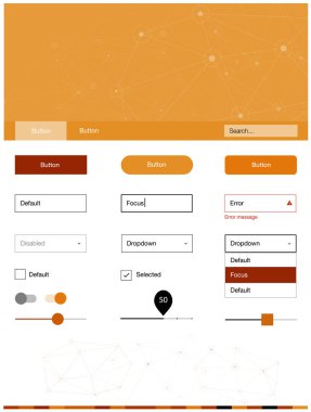Işık turuncu vektör tasarım UI kiti mozaik, daireler ile. Renkli üçgen, daire basit malzeme tasarım kiti. Sen-ebilmek kullanma için açılış sayfaları bu şablonu.