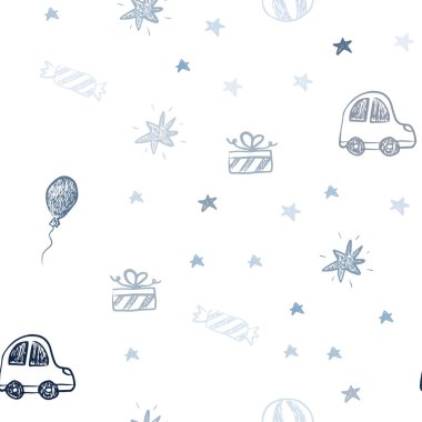 Koyu mavi vektör Noel tarzı seamless modeli. Renkli resimde bir oyuncak araba, balon, şeker, yıldız, top ile. Yeni yıl reklamlar için desen.