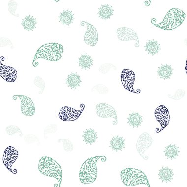 Açık mavi, vektör sorunsuz doodle zemin yaprak ve çiçek ile yeşil. Parlayan resimde yaprak ve çiçek ile renkli. Desen için modaya uygun Kumaş, duvar kağıtları.