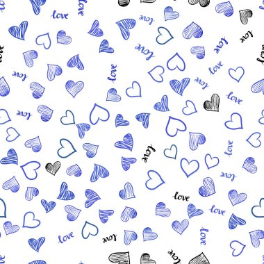 Kelime Love You, kalpleri ile mavi vektör sorunsuz doku ışık. Renkli resimde alıntı Love You, kalpleri ile. Tekstil, kumaş, duvar kağıtları için tasarım.