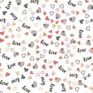 Koyu kırmızı, sarı metin Love You, kalpleri ile sorunsuz şablon vektör. Metin Love You, kalpleri ile doodle tarzında dizayn. Desen için modaya uygun Kumaş, duvar kağıtları.