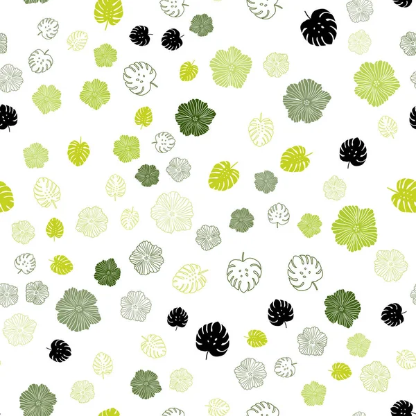 浅绿色 黄色矢量无缝涂鸦背景与叶子 有叶子和鲜花的优雅明亮的插图 网站模板 — 图库矢量图片