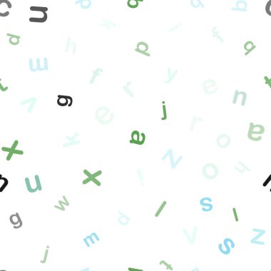 Açık mavi, yeşil vektör sorunsuz arka plan alfabe belirtileri ile. Beyaz arka plan üzerinde gradyan ile renkli alfabetik işaretler. Doku pencere panjur, perdeler için.