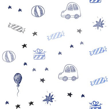 Koyu mavi vektör sorunsuz karnaval stil şablonu. Renkli resimde bir oyuncak araba, balon, şeker, yıldız, top ile. Yeni yıl reklamlar için desen.