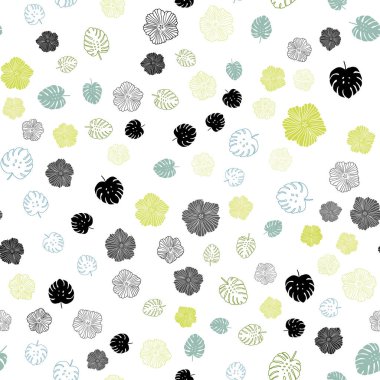 Açık mavi, vektör yaprak, çiçek ile sorunsuz zemin yeşil. Parlayan resimde yaprak ve çiçek ile renkli. Tasarım için duvar kağıdı, kumaş üreticileri.