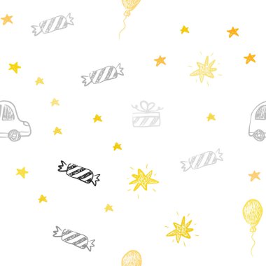 Işık turuncu vektör sorunsuz karnaval stil şablonu. Renkli resimde bir oyuncak araba, balon, şeker, yıldız, top ile. Doğum günü hediyeleri için desen.