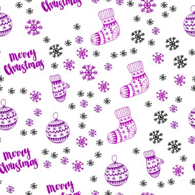 Koyu mor vektör buz kar taneleri, toplar, çorap, eldiven ile sorunsuz şablonu. Xmas tarzı renkli dekoratif tasarım. Desen için modaya uygun Kumaş, duvar kağıtları.